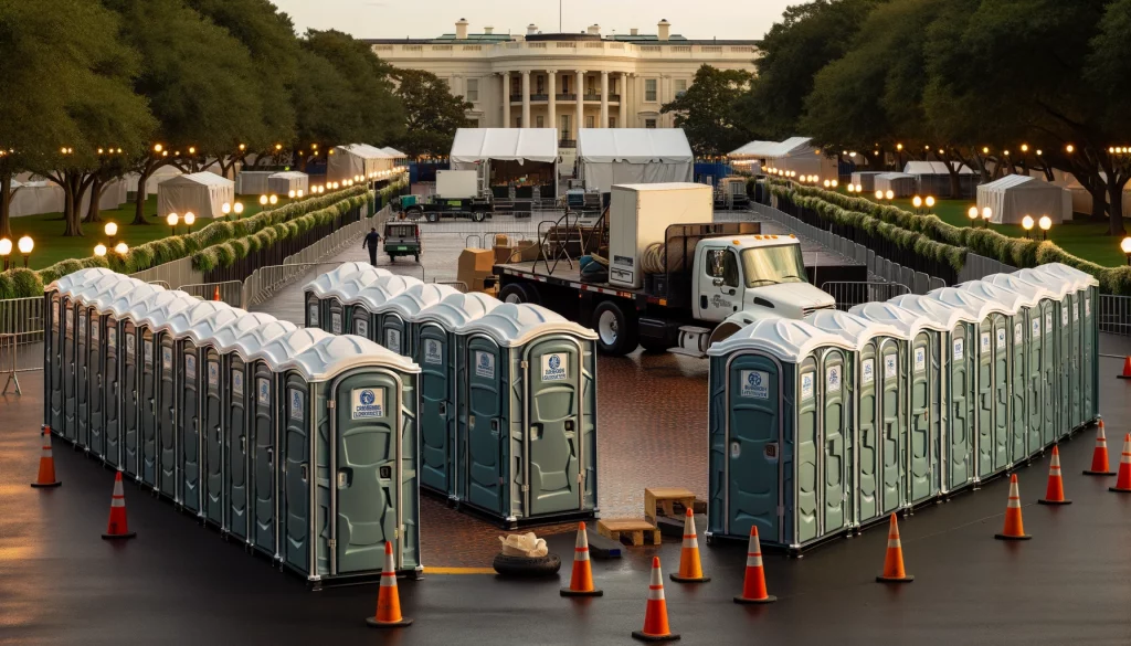 Festival porta potty bank with barricades in Annapolis, Maryland